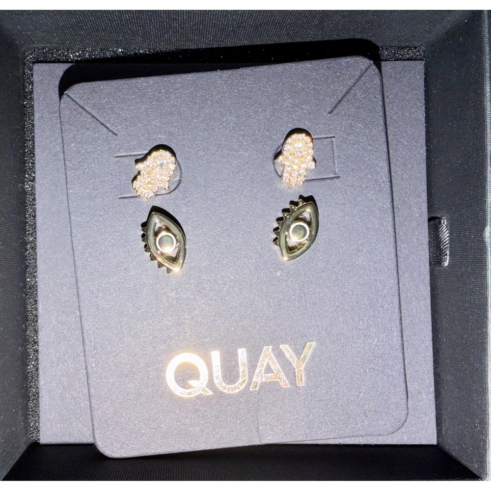 NEW QUAY Hamsa Hand & Evil Eye Crystal Stud Earrings Gold Tone 2 Pair Box